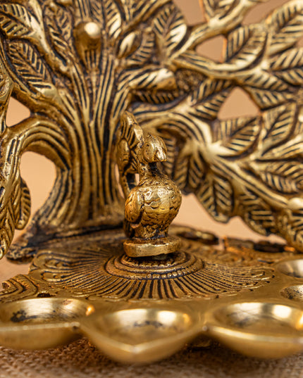 Brass Tree Peacock Five Face Diya  - 4 inch - WL5288