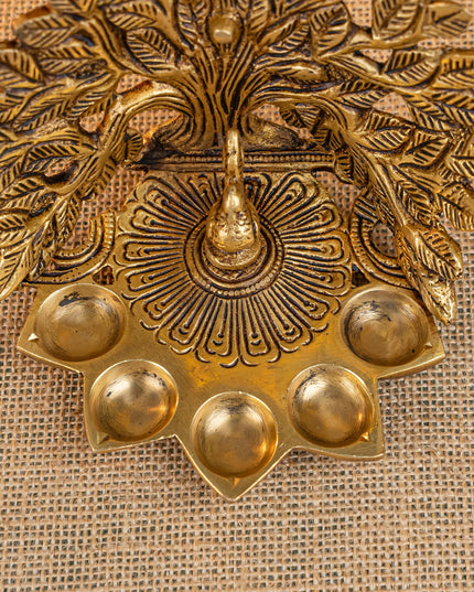 Brass Tree Peacock Five Face Diya  - 4 inch - WL5288