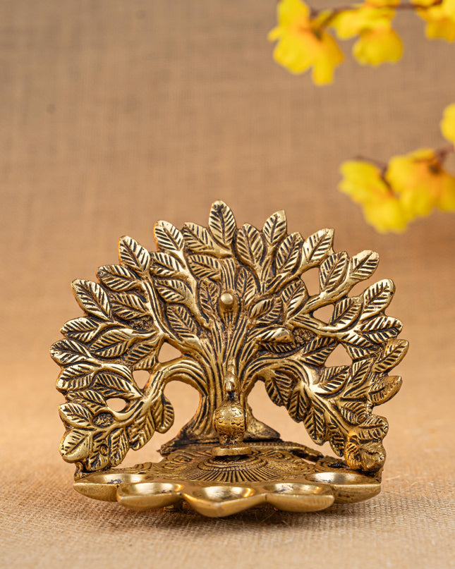 Brass Tree Peacock Five Face Diya  - 4 inch - WL5288