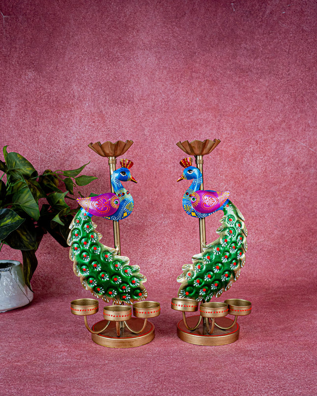 Metal Handpainted Peacock T Light Holder - Set of 2 - WL5326