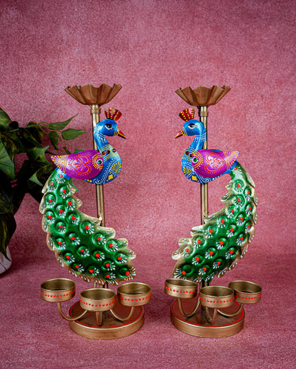 Metal Handpainted Peacock T Light Holder - Set of 2 - WL5326