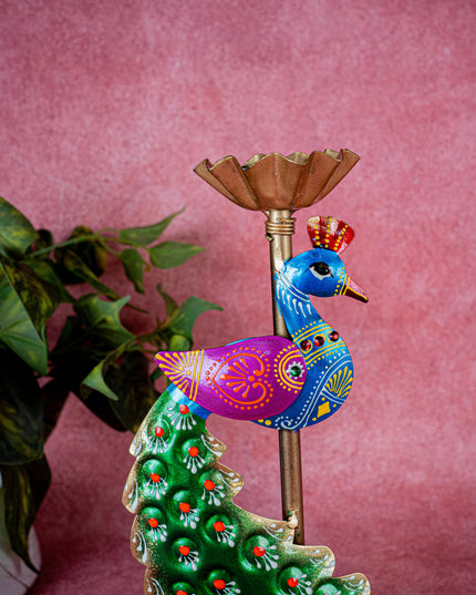 Metal Handpainted Peacock T Light Holder - Set of 2 - WL5326
