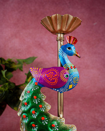 Metal Handpainted Peacock T Light Holder - Set of 2 - WL5326