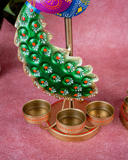 Metal Handpainted Peacock T Light Holder - Set of 2 - WL5326