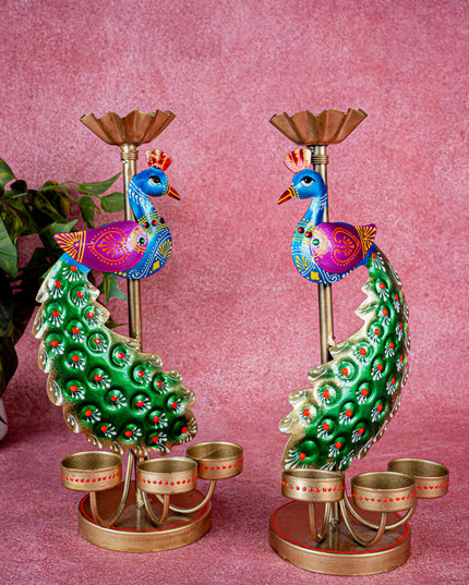 Metal Handpainted Peacock T Light Holder - Set of 2 - WL5326