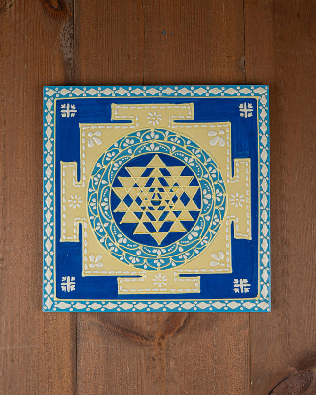 Wooden Shree Yantra Wall Hanging - 10x10 inch - Blue - WL5380-1