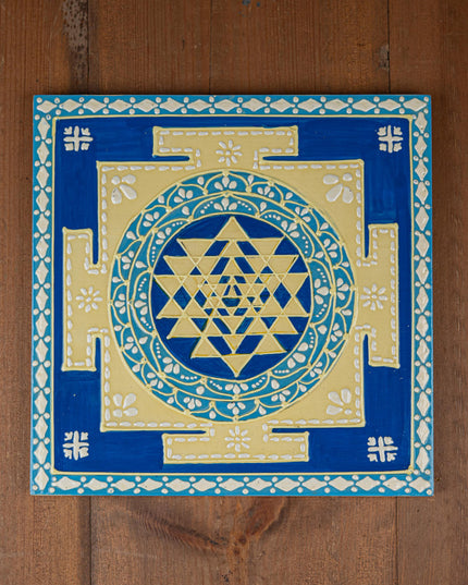 Wooden Shree Yantra Wall Hanging - 10x10 inch - Blue - WL5380-1