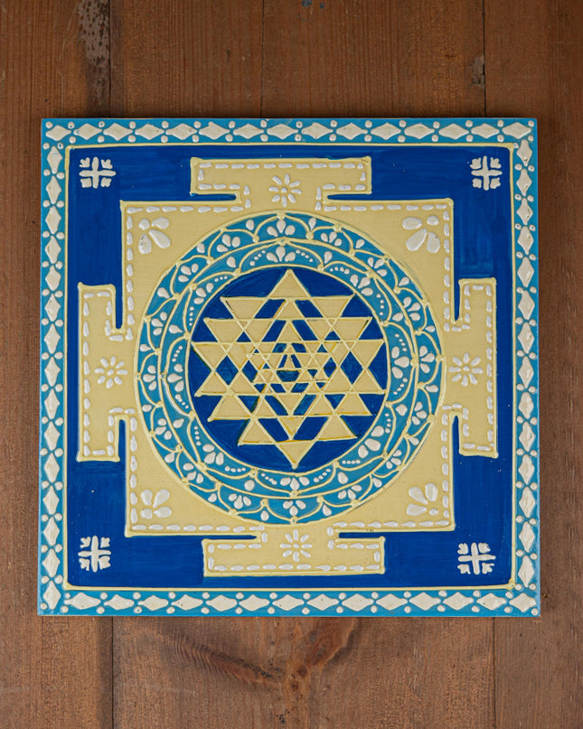 Wooden Shree Yantra Wall Hanging - 10x10 inch - Blue - WL5380-1