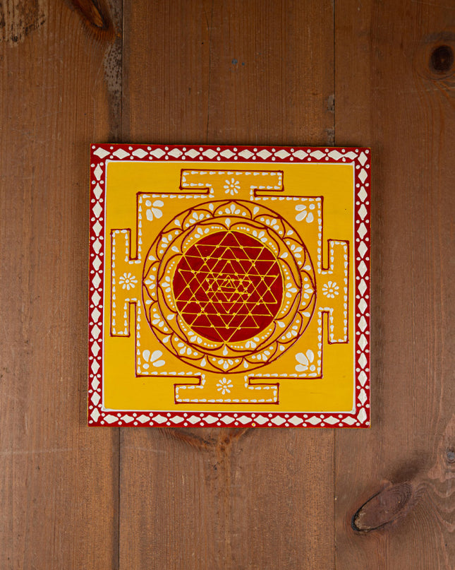 Wooden Shree Yantra Wall Hanging - 10x10 inch - Red - WL5380-2