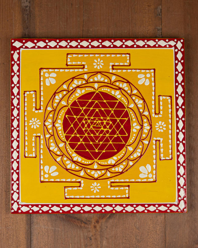 Wooden Shree Yantra Wall Hanging - 10x10 inch - Red - WL5380-2