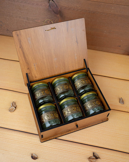 Wooden Dry Fruit Box with 6 Glass Jar - Annapakshi Design - 9x7 inch - WL5385-1