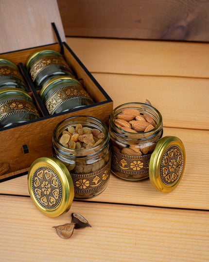 Wooden Dry Fruit Box with 6 Glass Jar - Annapakshi Design - 9x7 inch - WL5385-1