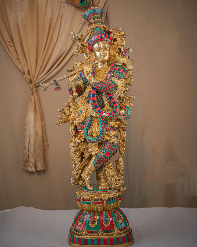 Brass Krishna Idol with Stone Work - 28 inch - WL5411