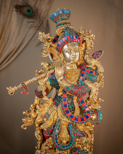 Brass Krishna Idol with Stone Work - 28 inch - WL5411
