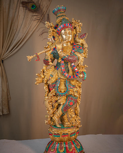 Brass Krishna Idol with Stone Work - 28 inch - WL5411
