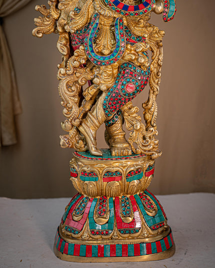 Brass Krishna Idol with Stone Work - 28 inch - WL5411