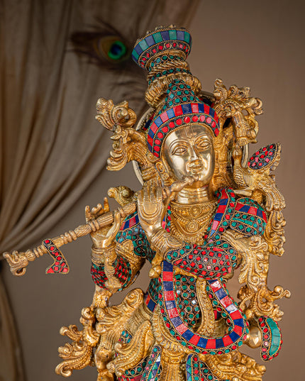 Brass Krishna Idol with Stone Work - 28 inch - WL5411