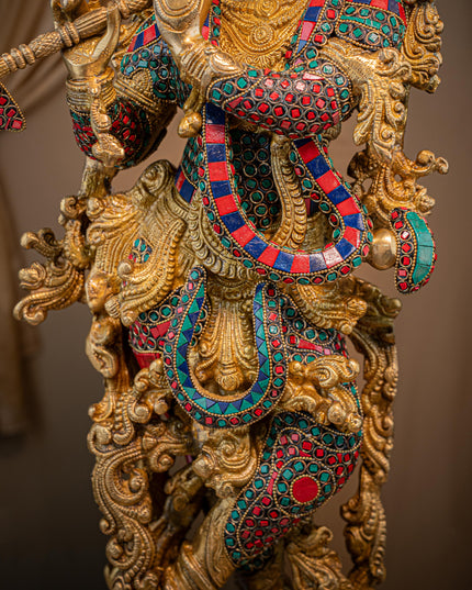 Brass Krishna Idol with Stone Work - 28 inch - WL5411