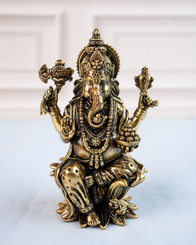 Brass Antique Ganesha Idol - 4 inch - WL5412