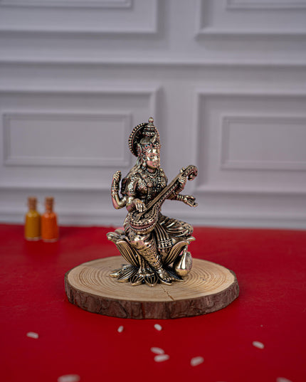Brass Antique Saraswathi Idol - 4 inch - WL5414