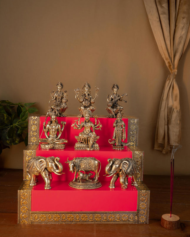 Swarna Golu 3 Step - Gold Oxidized Golu Padi & Brass Antique Idols - WL5422