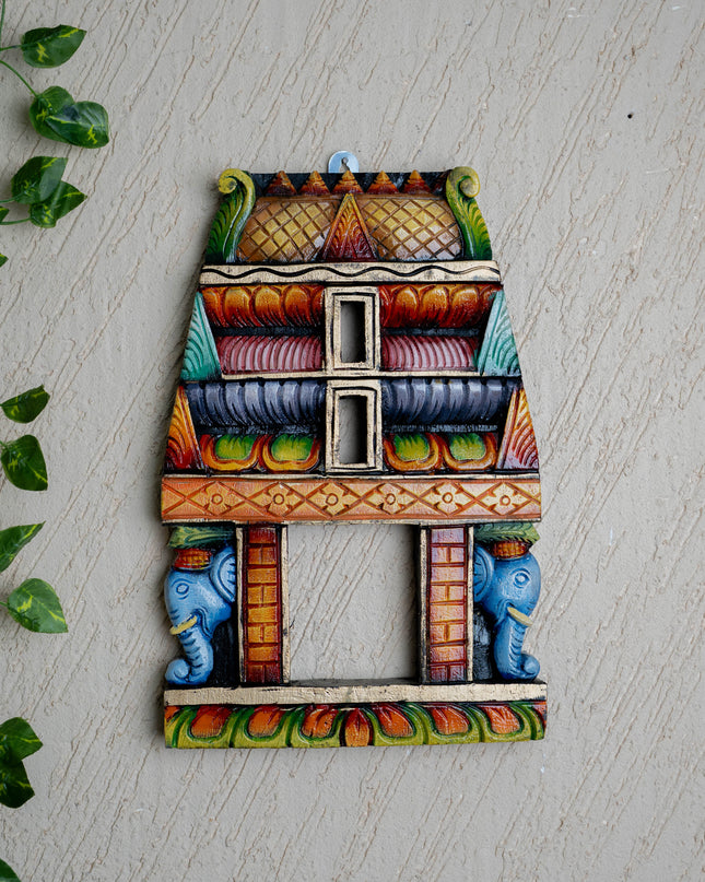 Wooden Carved - Kovil Gopuram with Elephant Wall Hanging - 15 inch - WL5425