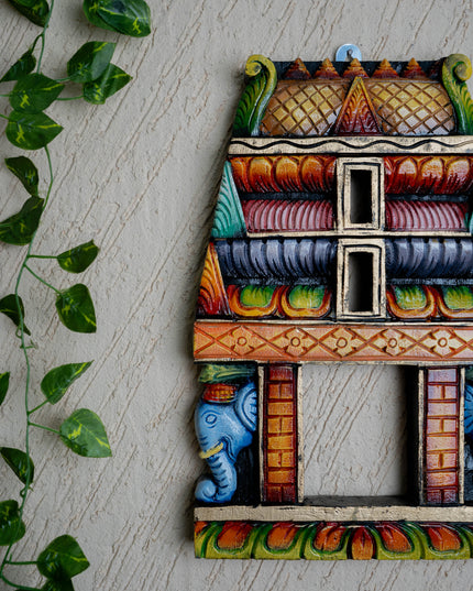 Wooden Carved - Kovil Gopuram with Elephant Wall Hanging - 15 inch - WL5425