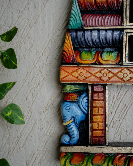 Wooden Carved - Kovil Gopuram with Elephant Wall Hanging - 15 inch - WL5425