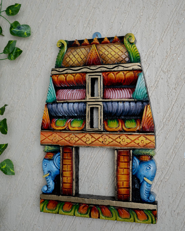 Wooden Carved - Kovil Gopuram with Elephant Wall Hanging - 15 inch - WL5425