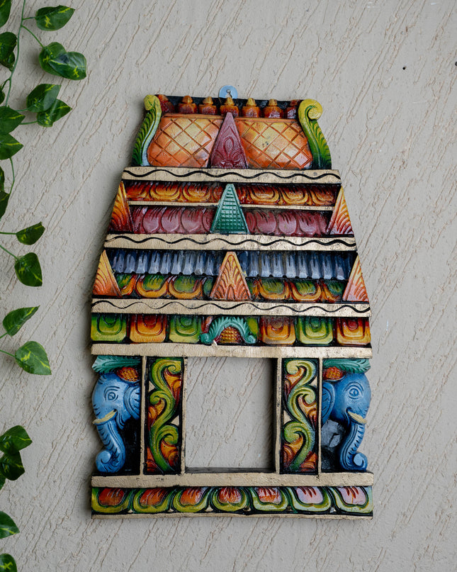 Wooden Carved - Kovil Gopuram with Elephant Wall Hanging - 18 inch - WL5426