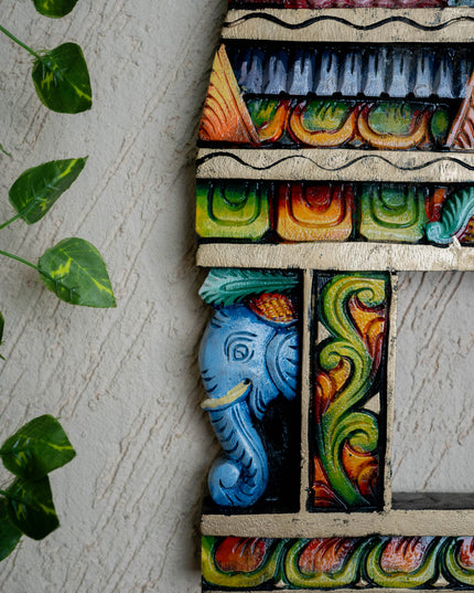 Wooden Carved - Kovil Gopuram with Elephant Wall Hanging - 18 inch - WL5426