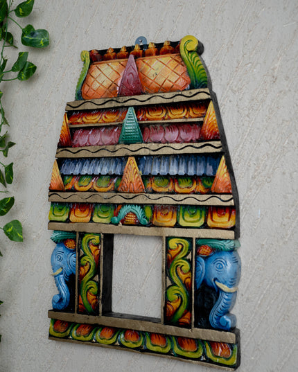 Wooden Carved - Kovil Gopuram with Elephant Wall Hanging - 18 inch - WL5426