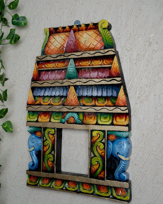 Wooden Carved - Kovil Gopuram with Elephant Wall Hanging - 18 inch - WL5426