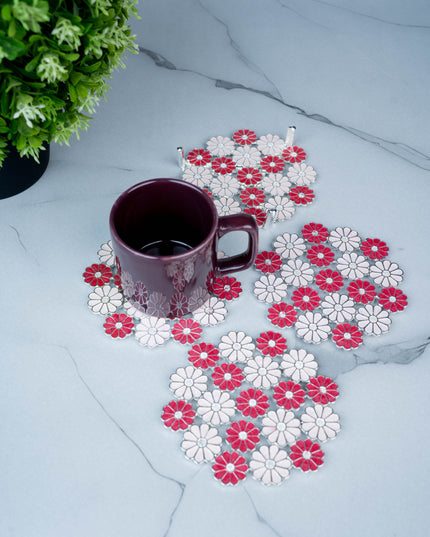 White Metal Decorative Floral Coaster Set - Pink - WL5437-1