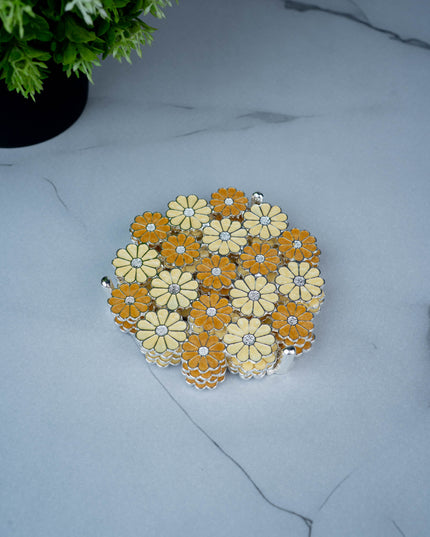 White Metal Decorative Floral Coaster Set - Yellow - WL5437-2