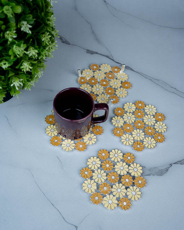 White Metal Decorative Floral Coaster Set - Yellow - WL5437-2