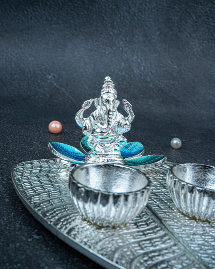 White Metal Ganesha Manjal-Kumkum Holder - Blue - WL5439-1