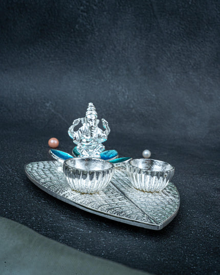 White Metal Ganesha Manjal-Kumkum Holder - Blue - WL5439-1