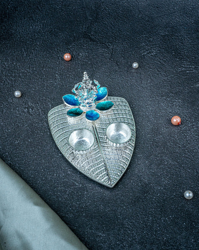 White Metal Ganesha Manjal-Kumkum Holder - Blue - WL5439-1