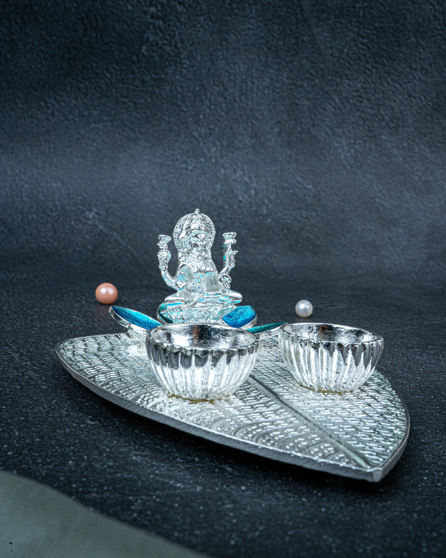 White Metal Lakshmi Manjal-Kumkum Holder - Blue - WL5439-2