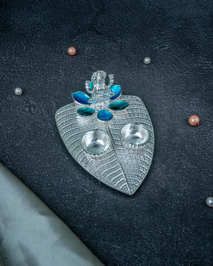White Metal Lakshmi Manjal-Kumkum Holder - Blue - WL5439-2