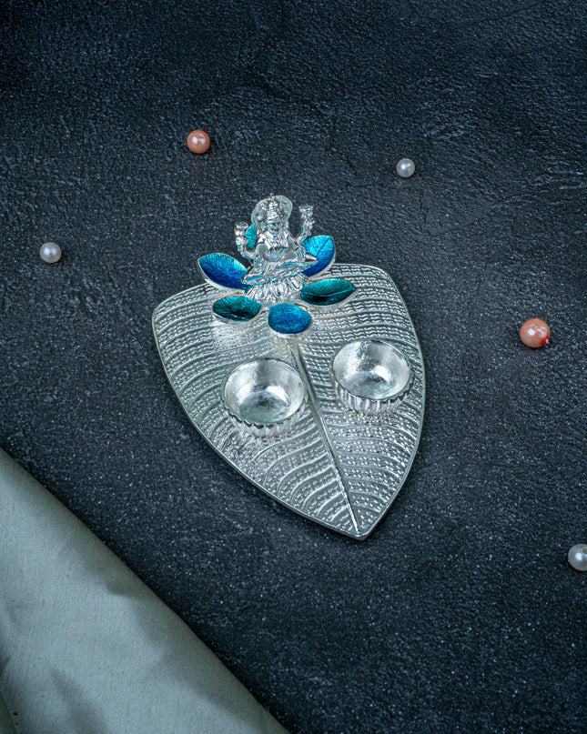White Metal Lakshmi Manjal-Kumkum Holder - Blue - WL5439-2