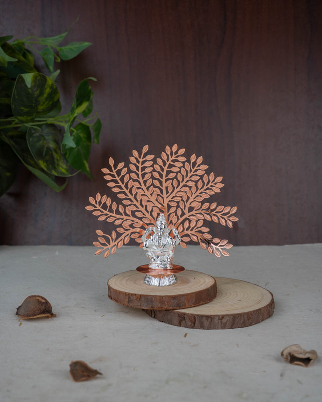 White Metal Ganesha Idol with Tree of Prosperity - Copper - WL5440-1