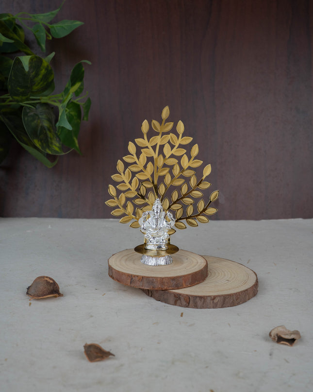 White Metal Ganesha Idol with Tree of Prosperity - Gold - WL5441-1