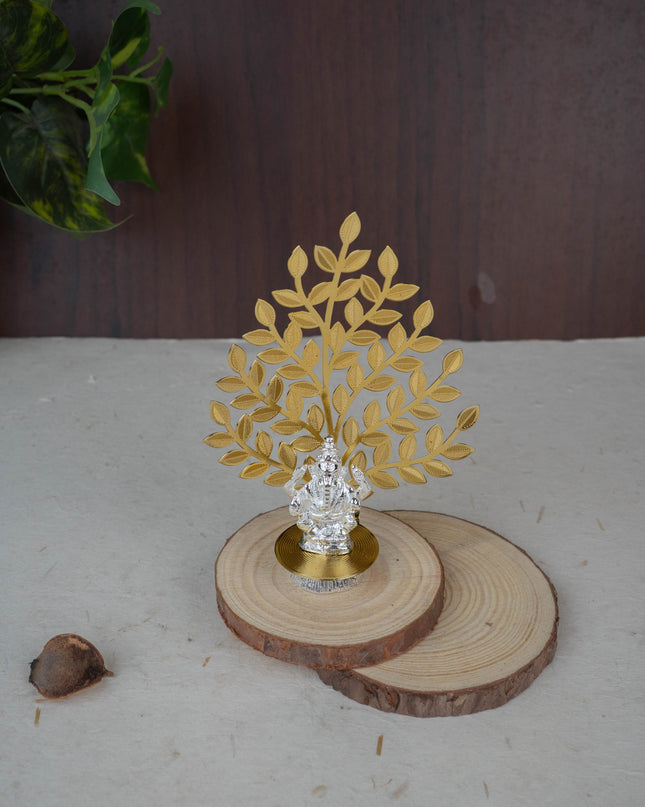 White Metal Ganesha Idol with Tree of Prosperity - Gold - WL5441-1
