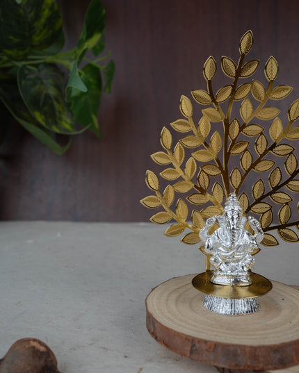 White Metal Ganesha Idol with Tree of Prosperity - Gold - WL5441-1