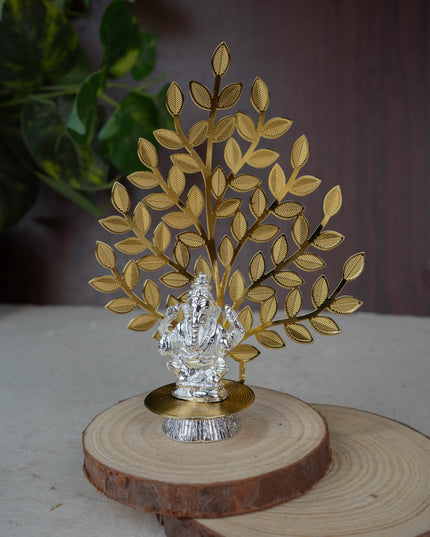 White Metal Ganesha Idol with Tree of Prosperity - Gold - WL5441-1