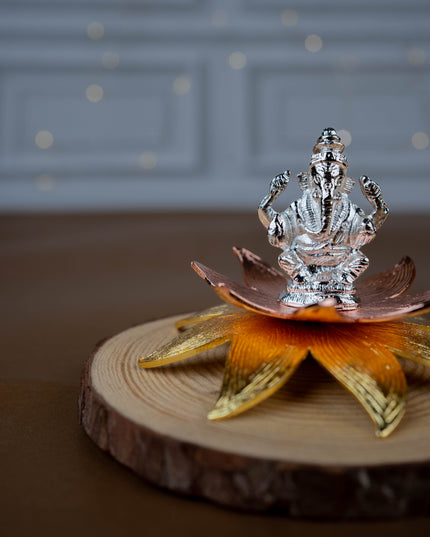 White Metal Lord Ganesha on Designer Lotus - WL5442-1