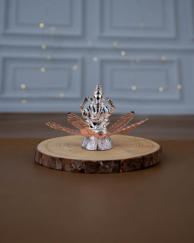 White Metal Lord Ganesha on Contemporary Floral Base - WL5443-1