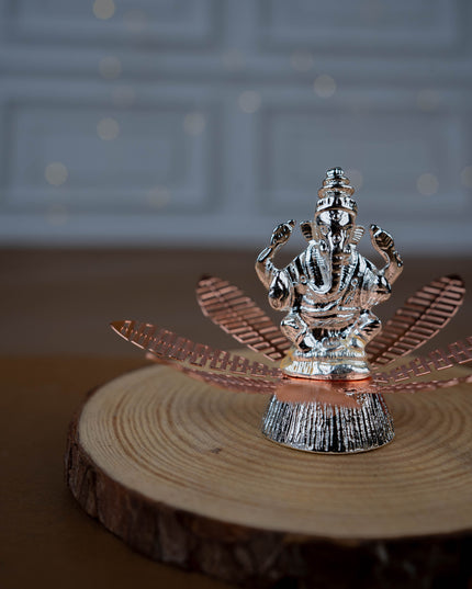 White Metal Lord Ganesha on Contemporary Floral Base - WL5443-1